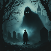 A cloaked figure stands in a misty graveyard, facing a towering shadowy presence with glowing eyes, evoking themes of power and mortality from the quote about Harry and the Hallows.