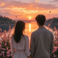 A couple stands hand-in-hand, gazing at a serene sunset over a lake, surrounded by blooming flowers, embodying the quiet moments that build trust.