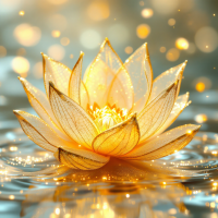 A luminous golden lotus flower floats on serene water, surrounded by soft, sparkling light, reflecting the essence of fleeting happiness as described in the quote.