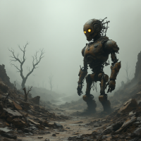 A towering robot stands amid a desolate landscape, shrouded in fog, evoking the quote Nothing remains, even if you try to remember, as barren trees loom in the background.