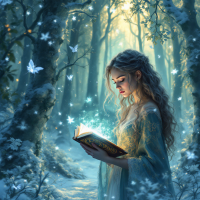 A young woman in a flowing dress reads a glowing book amidst a magical forest, surrounded by sparkling light and butterflies, embodying the escape into fantasy and imagination.