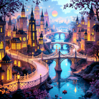 A vibrant, magical city with elegantly lit bridges arching over a serene river, surrounded by enchanting architecture and blooming trees, evoking connections to memories.