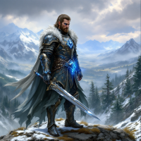 A heroic figure in ornate armor stands atop a mountain, holding a glowing sword. The dramatic landscape features snow-capped peaks and dense pine forests, embodying the essence of personal storytelling.