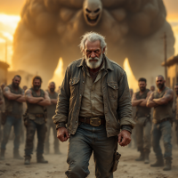 A determined old man walks forward, surrounded by a group of rugged followers. A massive, ominous figure looms behind them, embodying the struggles of choosing one’s battles in a harsh world.