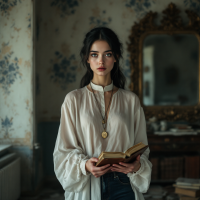 A young woman in a flowing, light-colored blouse stands in a vintage room, holding an open book, reflecting on the quote about self-identity and transformation.