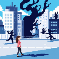 A woman walks past a cityscape, shadowy figures dancing around her, embodying the quote about hidden stories within shadows and the unseen aspects of life.