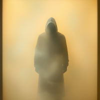 A cloaked figure stands shrouded in soft fog against a golden background, embodying the essence of selflessness and sacrifice, reflecting the quote about true heroism.