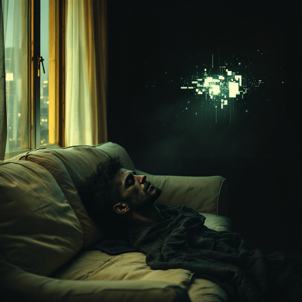 A man sleeps on a couch, surrounded by dim lighting and a glowing digital display on the wall, evoking a sense of solitude and loss since his partner's passing.