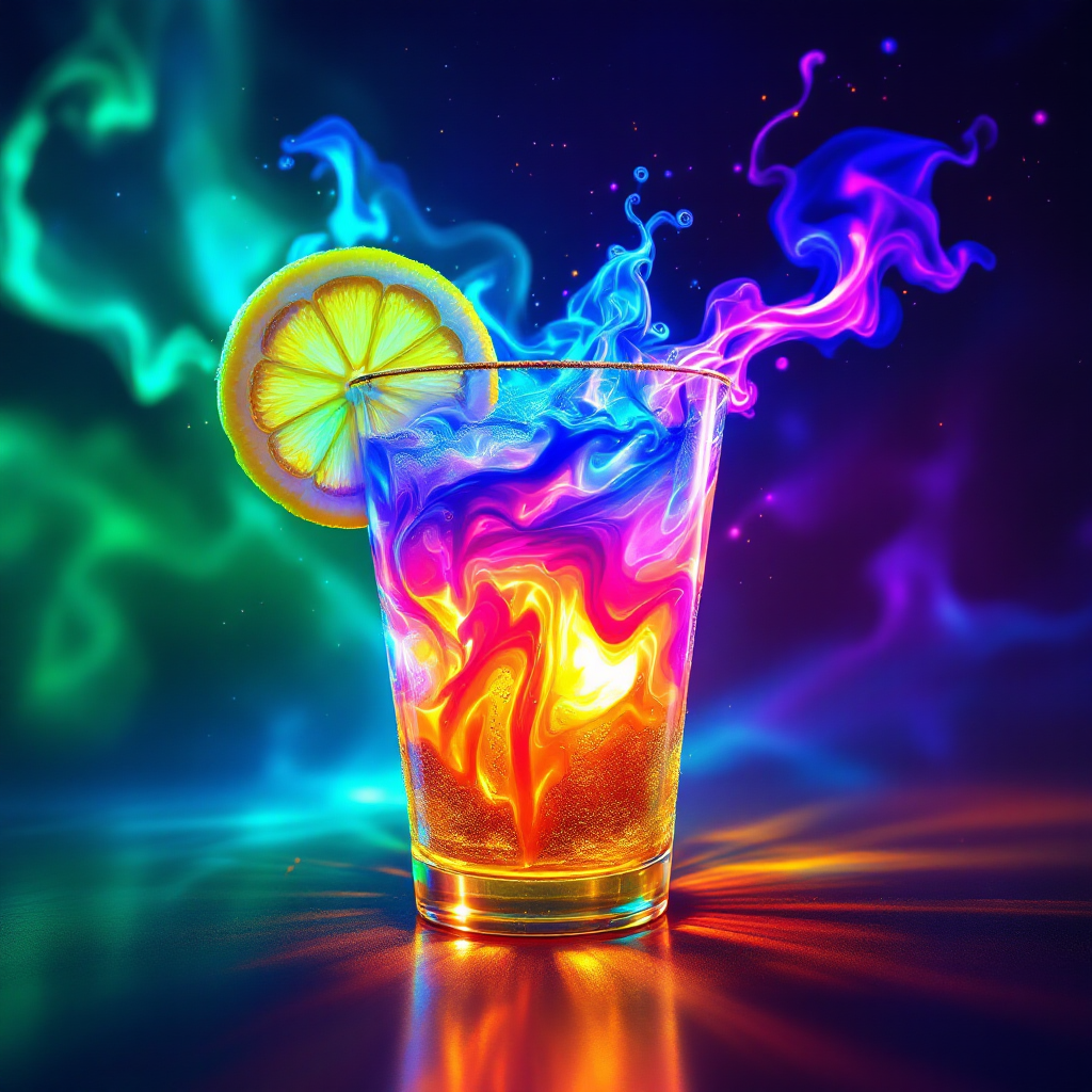 A vibrant cocktail glows with swirling neon colors, topped with a lemon slice, embodying the explosive essence of the Pan Galactic Gargle Blaster.