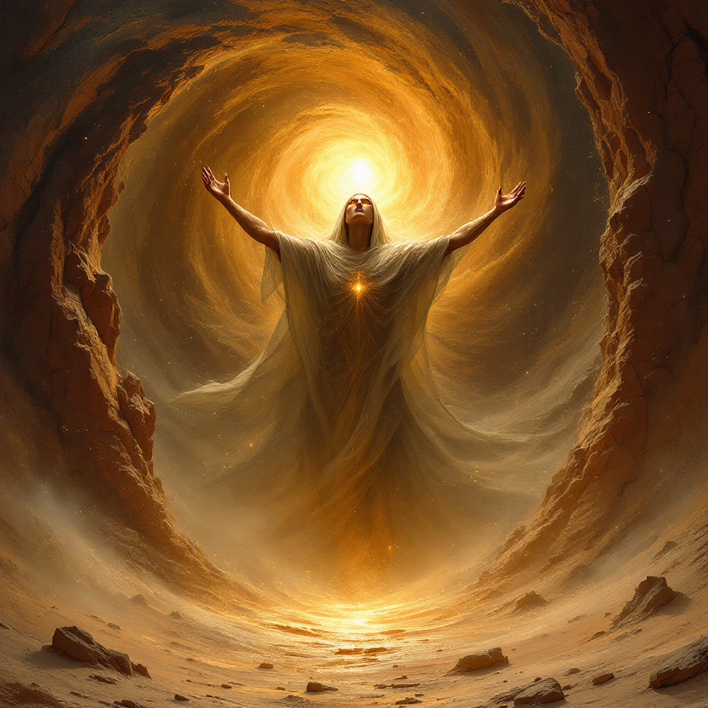 A radiant figure in flowing robes stands with arms outstretched in a swirling golden light, embodying strength, bravery, and a sense of boundless potential.