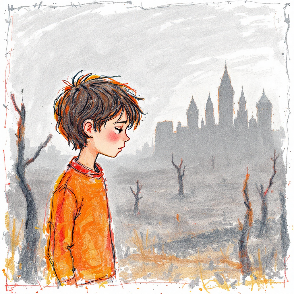 A young boy in an orange shirt stands solemnly in a desolate landscape, with a dark castle silhouette in the background, reflecting the quote about love and the living.