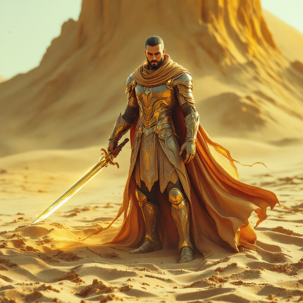 A powerful warrior clad in ornate golden armor stands confidently in a vast desert, embodying the quote, The best defense against the world is a good offense, with a gleaming sword in hand.