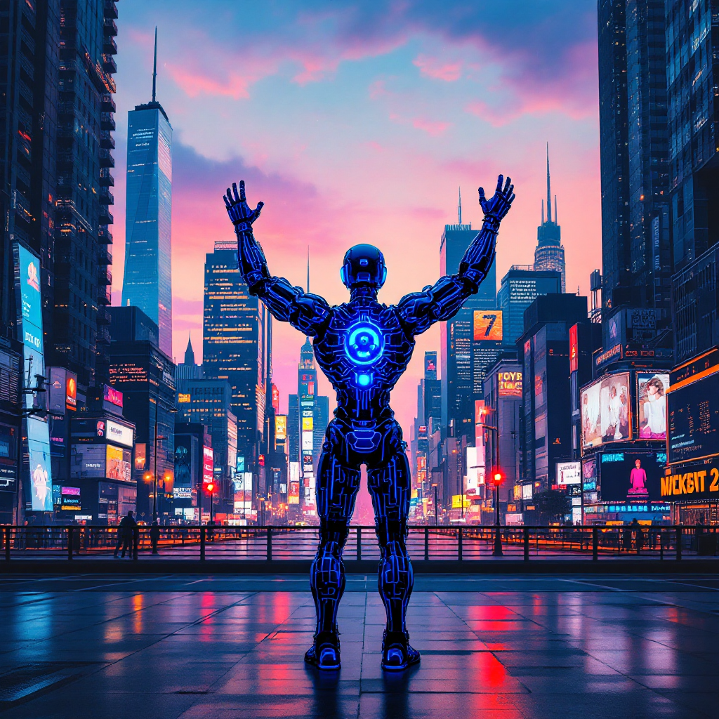 A futuristic robot with glowing blue accents stands with arms raised in a vibrant, bustling cityscape at sunset, embodying the duality of technology's potential for good or evil.