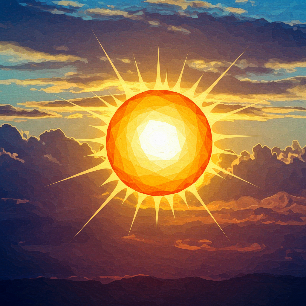 A radiant, geometrically perfect sun glows brightly against a backdrop of clouds, embodying unwavering brightness and uniformity, as inspired by the accompanying book quote.