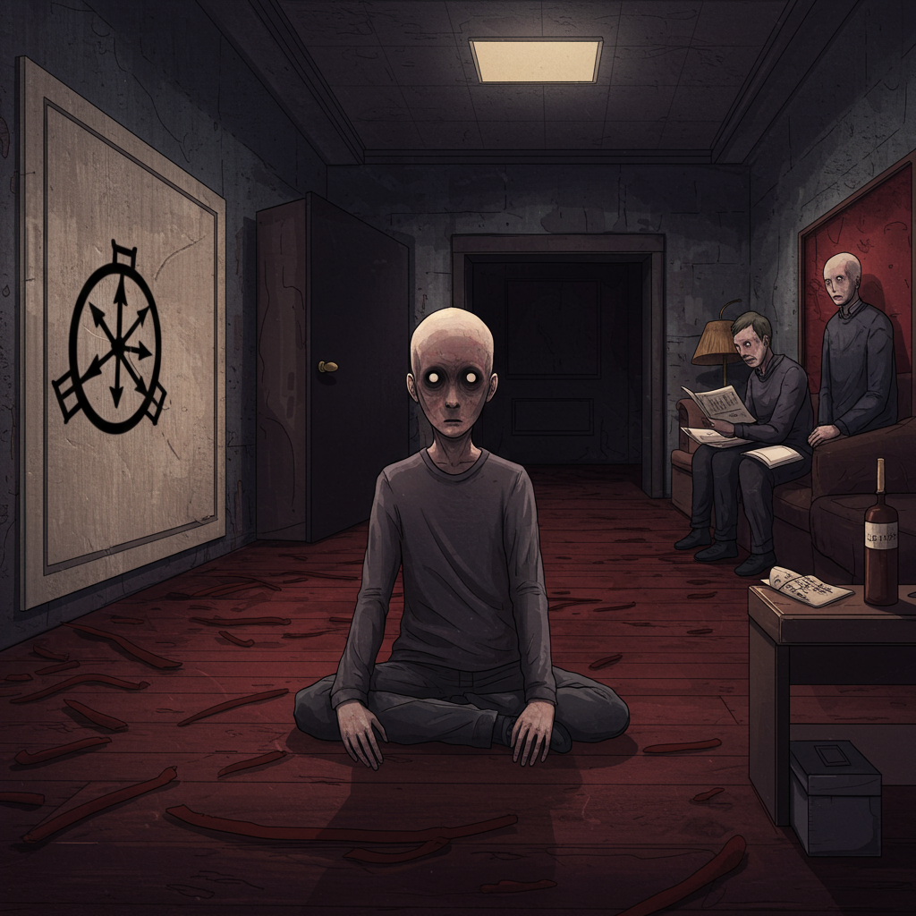 A pale, wide-eyed person sits alone on a dark red floor in a dim room, isolated and unnoticed, while two blurred figures sit on a couch nearby, symbolizing SCP-4739's antimemetic effect.