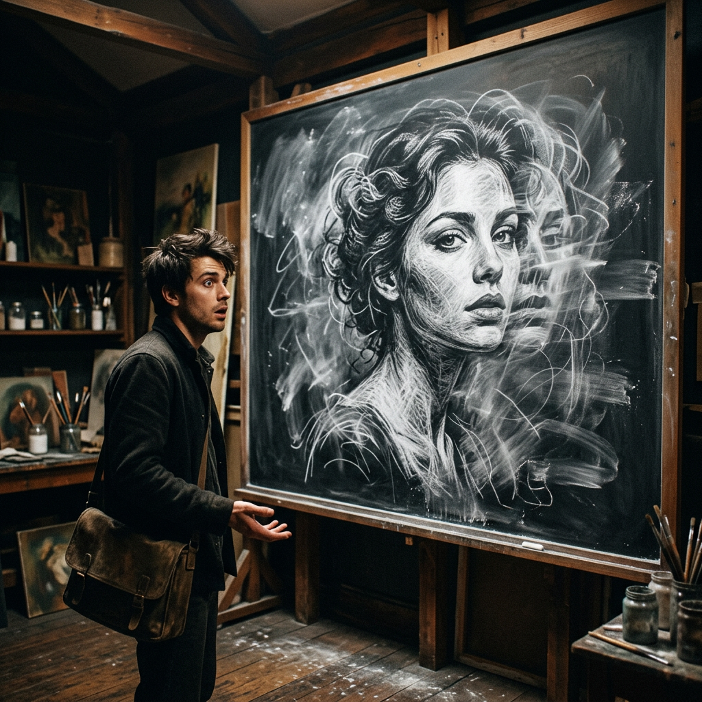 A man stands in a dimly lit room, observing a large, highly detailed chalk sketch of a woman's head and shoulders on a blackboard, which appears to shift as if being redrawn repeatedly.