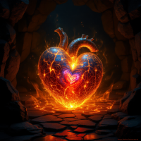 A glowing, fiery heart radiates warmth and intensity, surrounded by dark stone, embodying the essence of love and pain from the quote about the heart as an organ of fire.