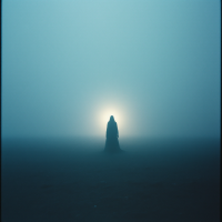 A cloaked figure stands in dense fog, illuminated by a soft light behind them, evoking the idea of divine communication and the challenge of listening.