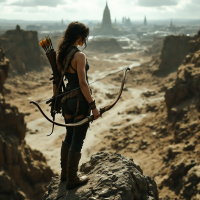 A determined figure stands on a rocky outcrop, bow in hand, overlooking a desolate landscape, embodying the struggle against the odds inspired by the quote from the Hunger Games.