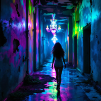 A figure walks down a dark, colorful hallway, illuminated by eerie lights and a chandelier, embodying the complexity of faith amid the unsettling backdrop of a lunatic asylum.