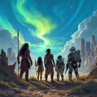 A diverse group of figures stands on a rocky outcrop, gazing at a vibrant sky filled with swirling colors above a futuristic cityscape, embodying the evolution beyond hunter-gatherer utopia.