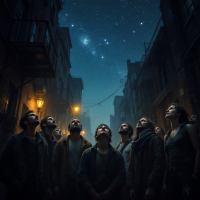 A group of people gazes upward in a dimly lit alley, captivated by a starry night sky, embodying the quote, We are all in the gutter, but some of us are looking at the stars.