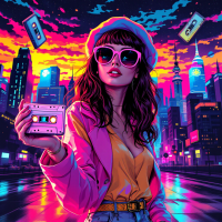 A stylish woman in sunglasses and a pink jacket stands in a vibrant cityscape at sunset, holding a cassette tape, symbolizing the rewarding outcomes of difficult choices.