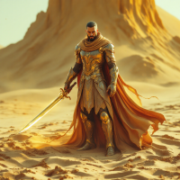 A powerful warrior clad in ornate golden armor stands confidently in a vast desert, embodying the quote, The best defense against the world is a good offense, with a gleaming sword in hand.