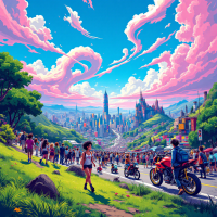 A vibrant landscape depicting a diverse crowd in a colorful town, with rolling hills and dynamic clouds above, reflecting the idea that the world is a multitude of colors to navigate.