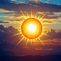 A radiant, geometrically perfect sun glows brightly against a backdrop of clouds, embodying unwavering brightness and uniformity, as inspired by the accompanying book quote.