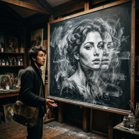 A man stands in a dimly lit room, observing a large, highly detailed chalk sketch of a woman's head and shoulders on a blackboard, which appears to shift as if being redrawn repeatedly.