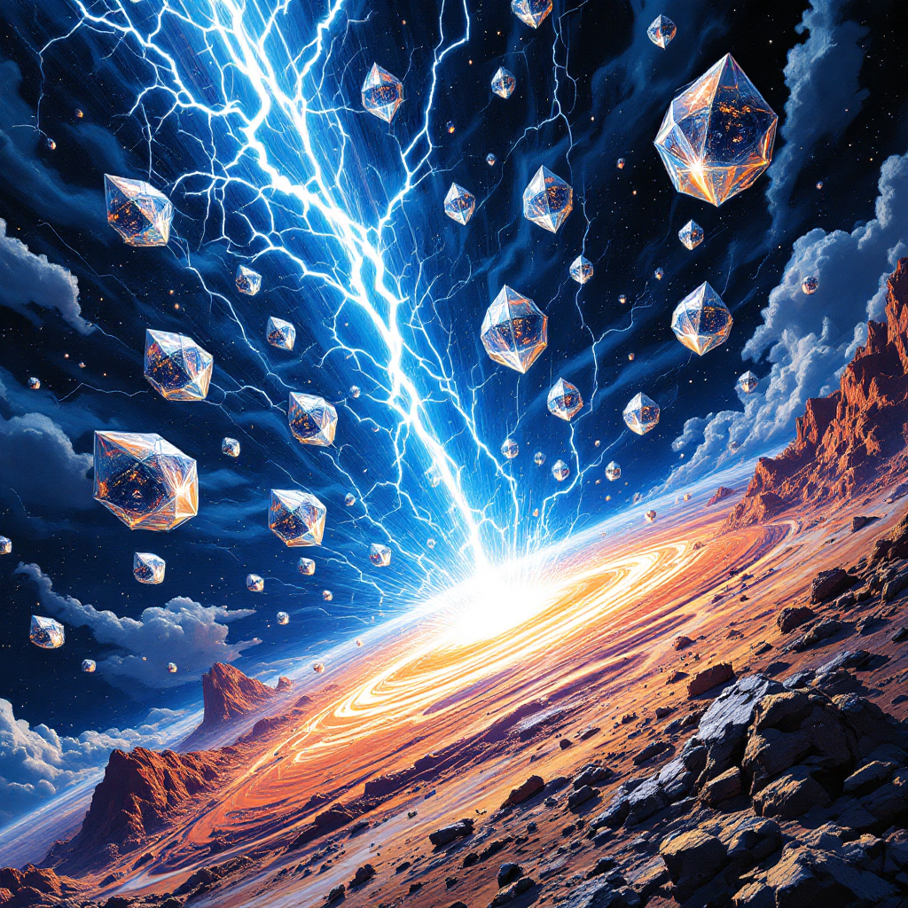 Fourteen diamond-hulled spheres descend through a vibrant blue lightning storm, illuminating a cracked, rocky landscape. A bright, swirling core glows below, radiating energy.