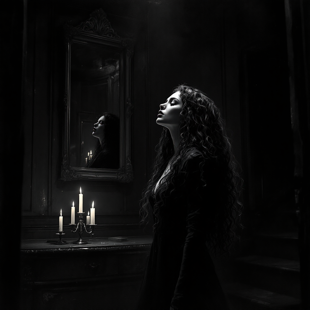 A woman with long, curly hair stands in a dimly lit room, gazing upward. Candles flicker on a table beside her, and her reflection is seen in an ornate mirror, evoking themes of love's mystery.