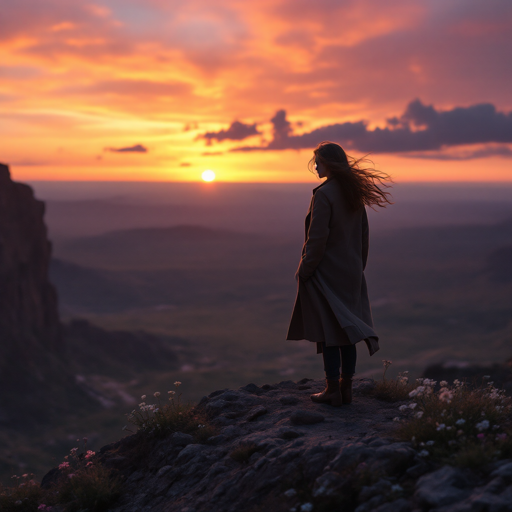 A silhouette of a woman stands on a rocky ledge, gazing at a vibrant sunset. The scene captures a moment of reflection and letting go, embodying the sentiment of moving forward.