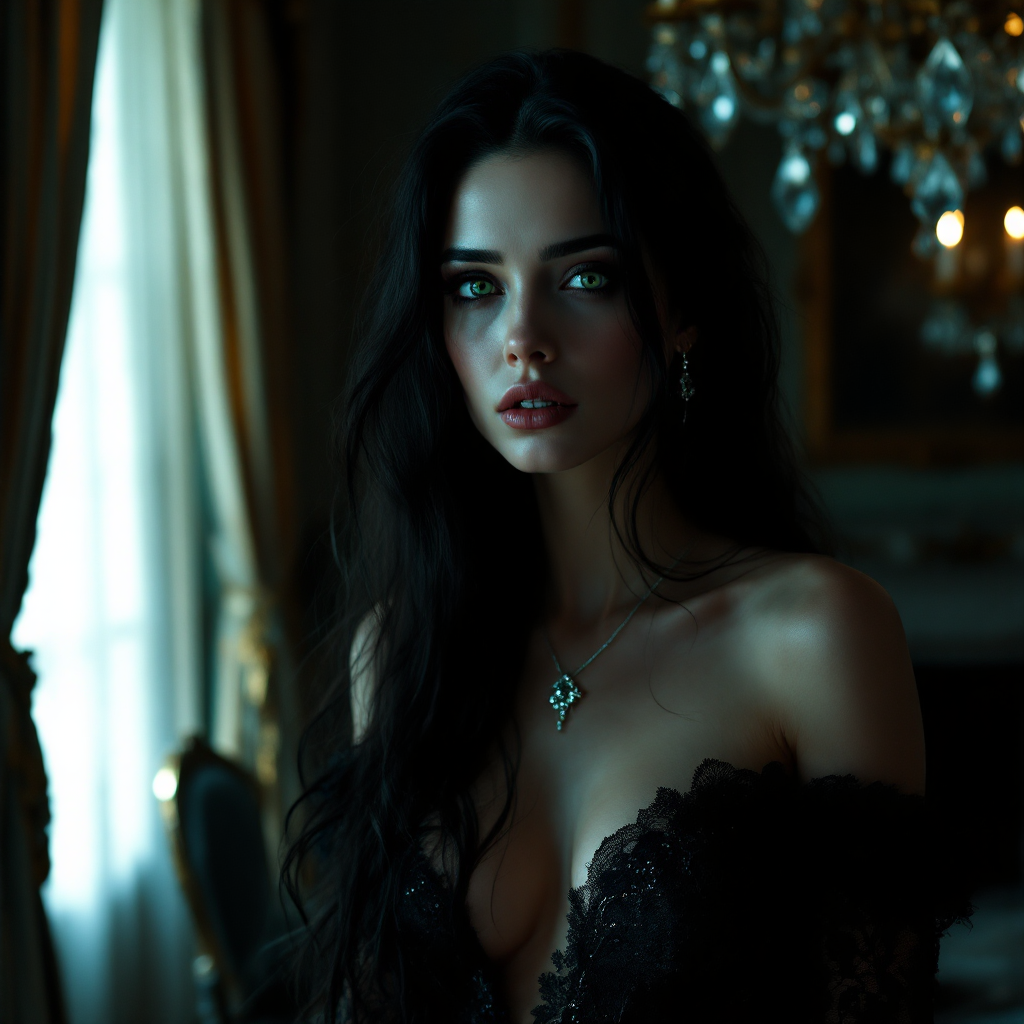 A woman with long, dark hair and striking features stands in a dimly lit, elegant room adorned with a chandelier, embodying the depth of the quote: Life is not always what it seems.