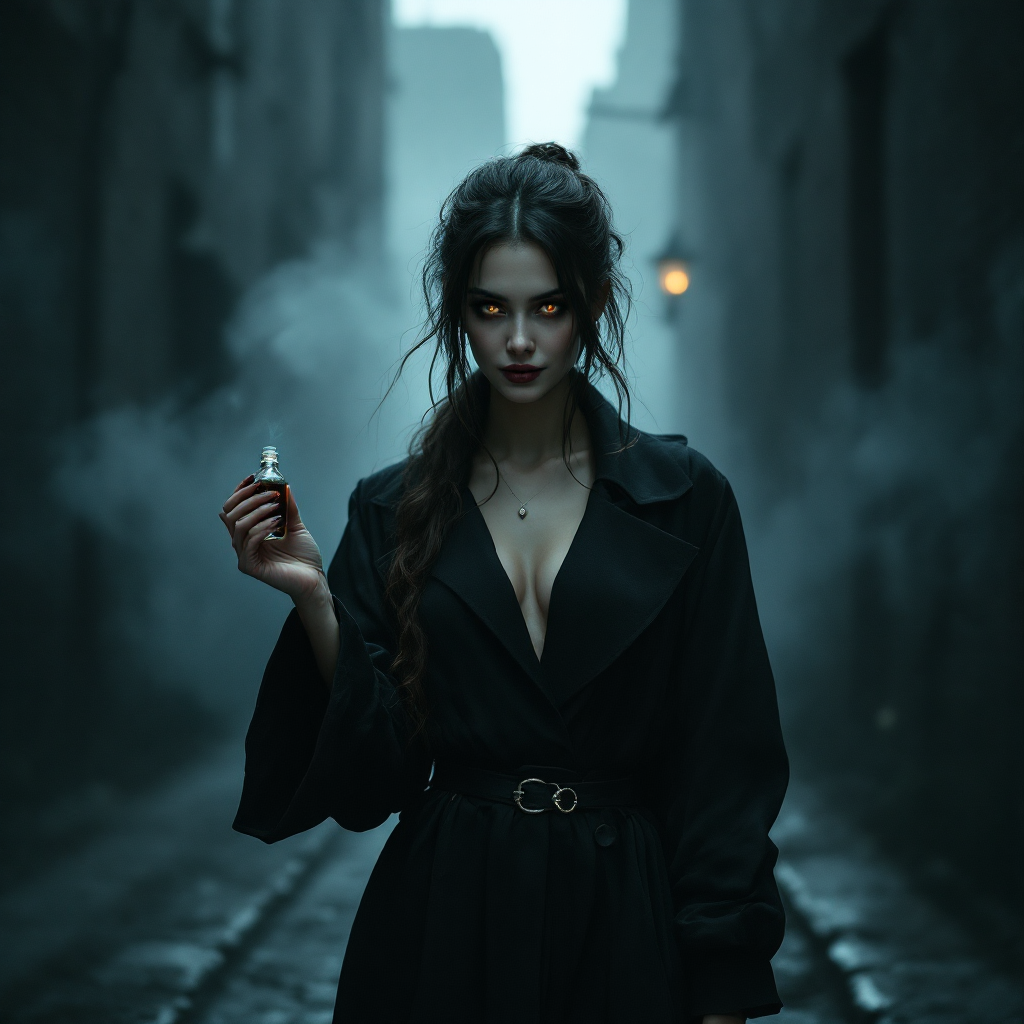 A mysterious woman stands in a foggy, dimly lit alley, dressed in a dark trench coat. Her glowing eyes hint at a sense of revenge, capturing the essence of the quote, Revenge is the most satisfying of pleasures.