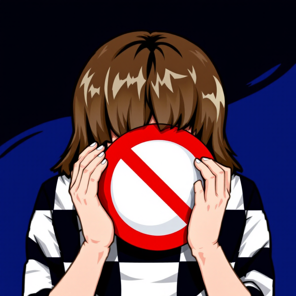 A person with shoulder-length hair, wearing a checkered shirt, holds a red and white restricted sign close to their face, symbolizing the contemplation of lives that merit consideration.