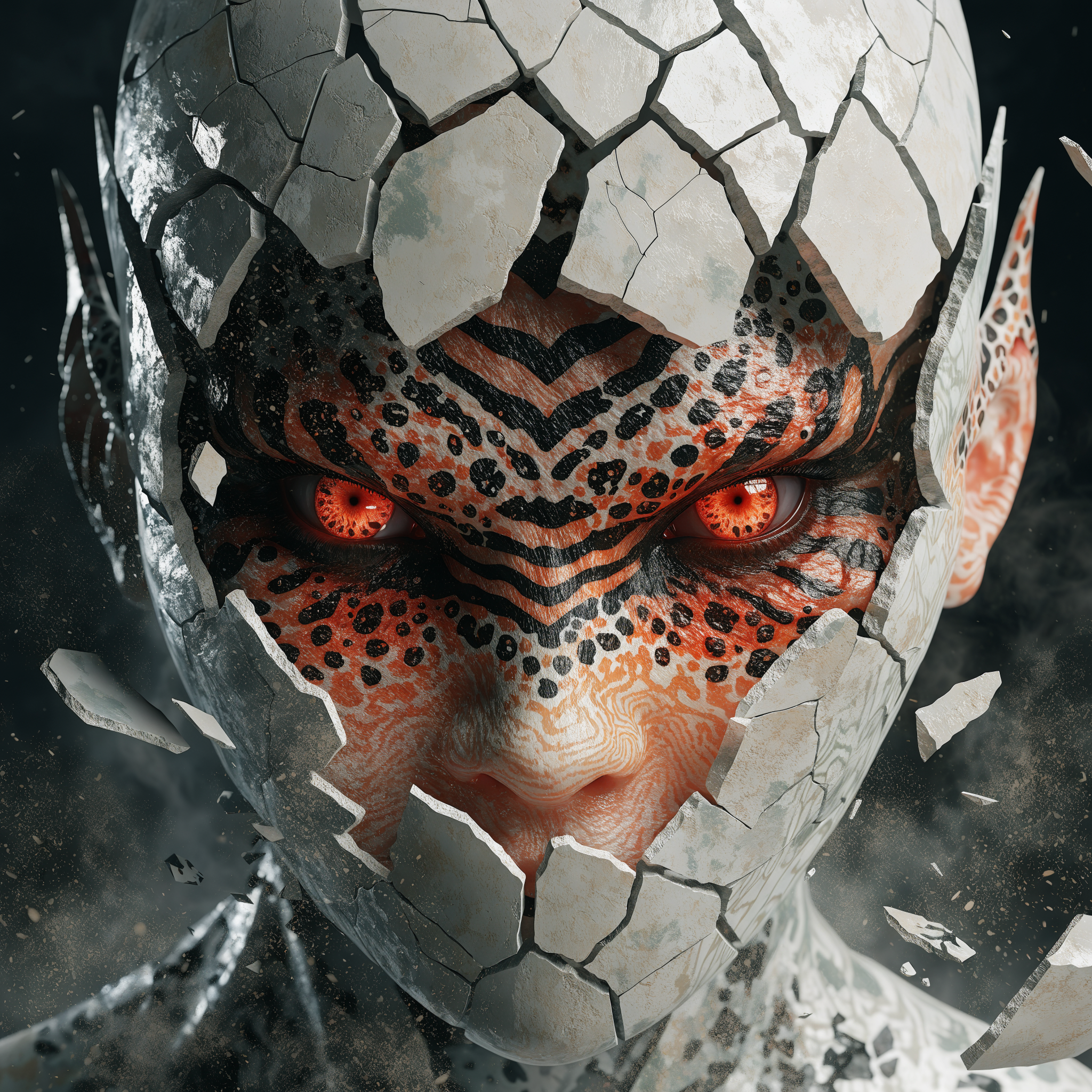 A translucent, matte-skinned face with feline and piscine features reveals shifting peach and cream spots forming black chevrons, red venomous eyes stretching to pointed temples.