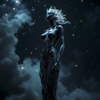 A sculptural figure with flowing hair stands against a starry night sky, embodying the essence of whispered thoughts echoing through the silence of space.