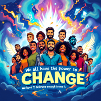 A vibrant illustration of diverse individuals standing together, radiating positivity and strength, with the quote We all have the power to change. We have to be brave enough to use it. prominently featured.