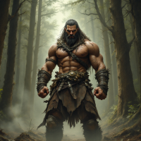 A muscular warrior stands confidently in a misty forest, embodying strength and resilience. His intense gaze reflects the wisdom of balancing assertiveness with listening.