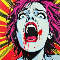 A woman with bright pink hair screams in anguish, blood dripping from her mouth, against a bold yellow and red background, capturing the haunting desperation of unheard cries.