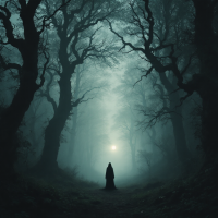 A shadowy figure stands alone in a misty forest, surrounded by towering, gnarled trees, embodying the quote We are all our own worst enemies amid an atmosphere of introspection and solitude.