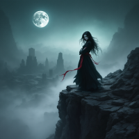 A figure in a flowing black dress stands on a rocky cliff under a large moon, surrounded by misty ruins, embodying the sentiment that sometimes it's better to be dead than a coward.