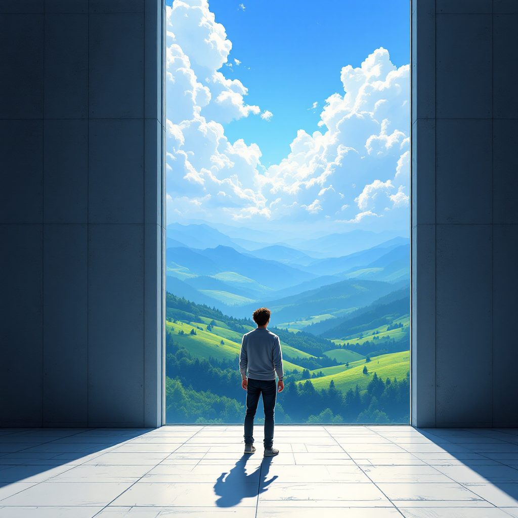 A person stands in a spacious room with an open doorway, gazing out at a vibrant landscape of rolling hills and a vast, blue sky, embodying a longing for freedom and openness.