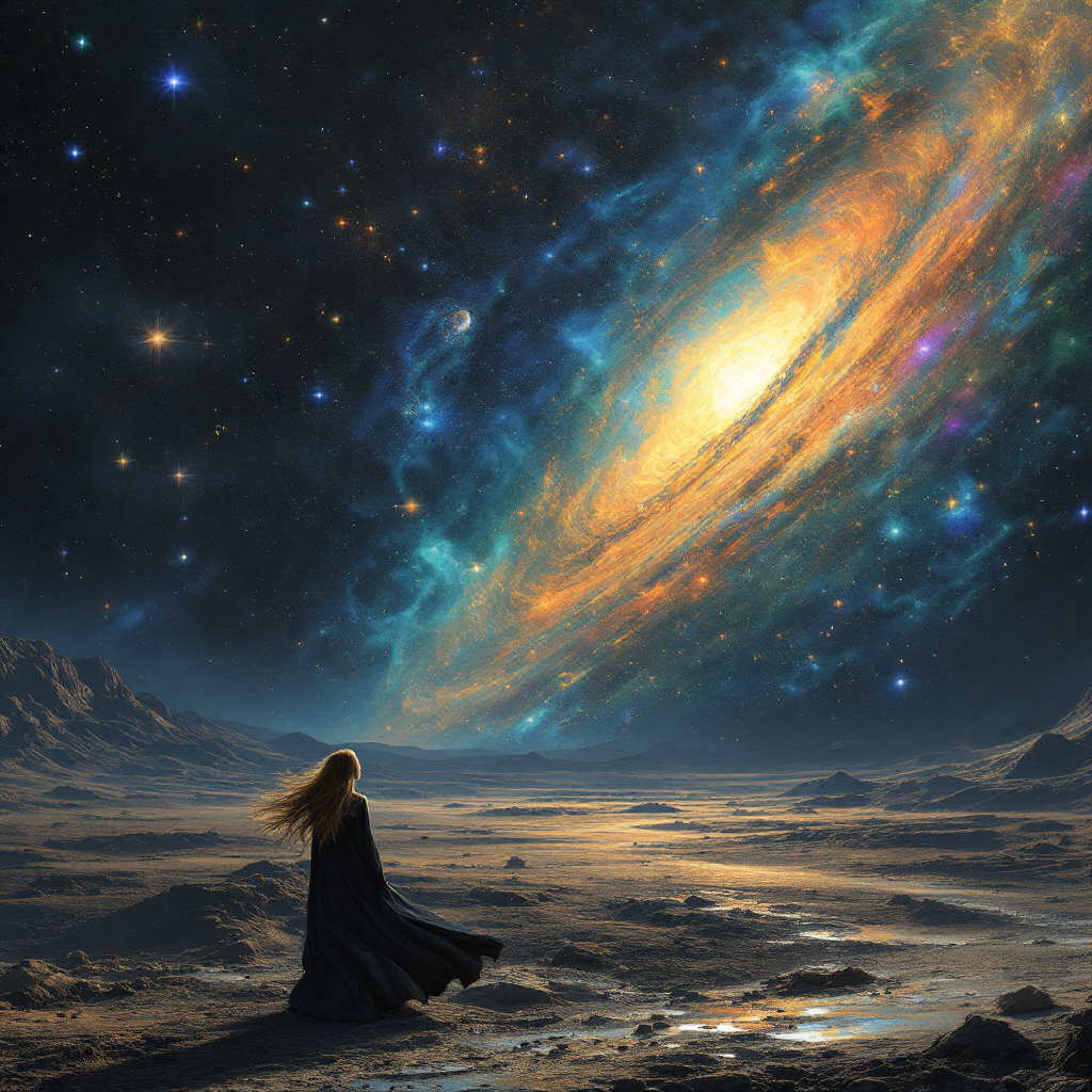 A figure in a flowing black cloak stands on a barren landscape, gazing up at a vibrant, swirling galaxy against a starry sky, embodying the quote about finding meaning amid cosmic indifference.