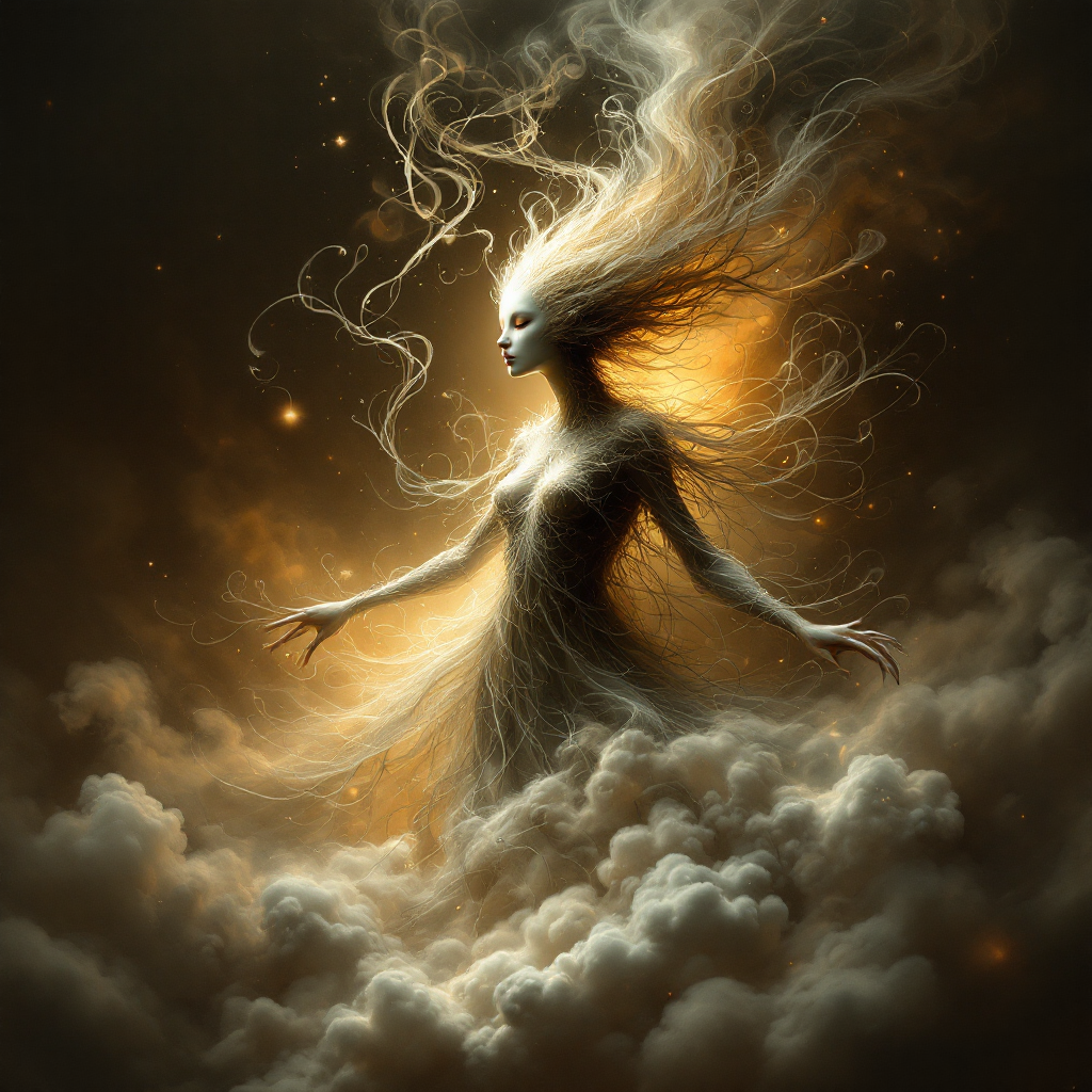 A ethereal figure emerges from swirling clouds, embodying transformation and possibility, illuminated by glowing tendrils of light, reflecting the essence of understanding circumstances.