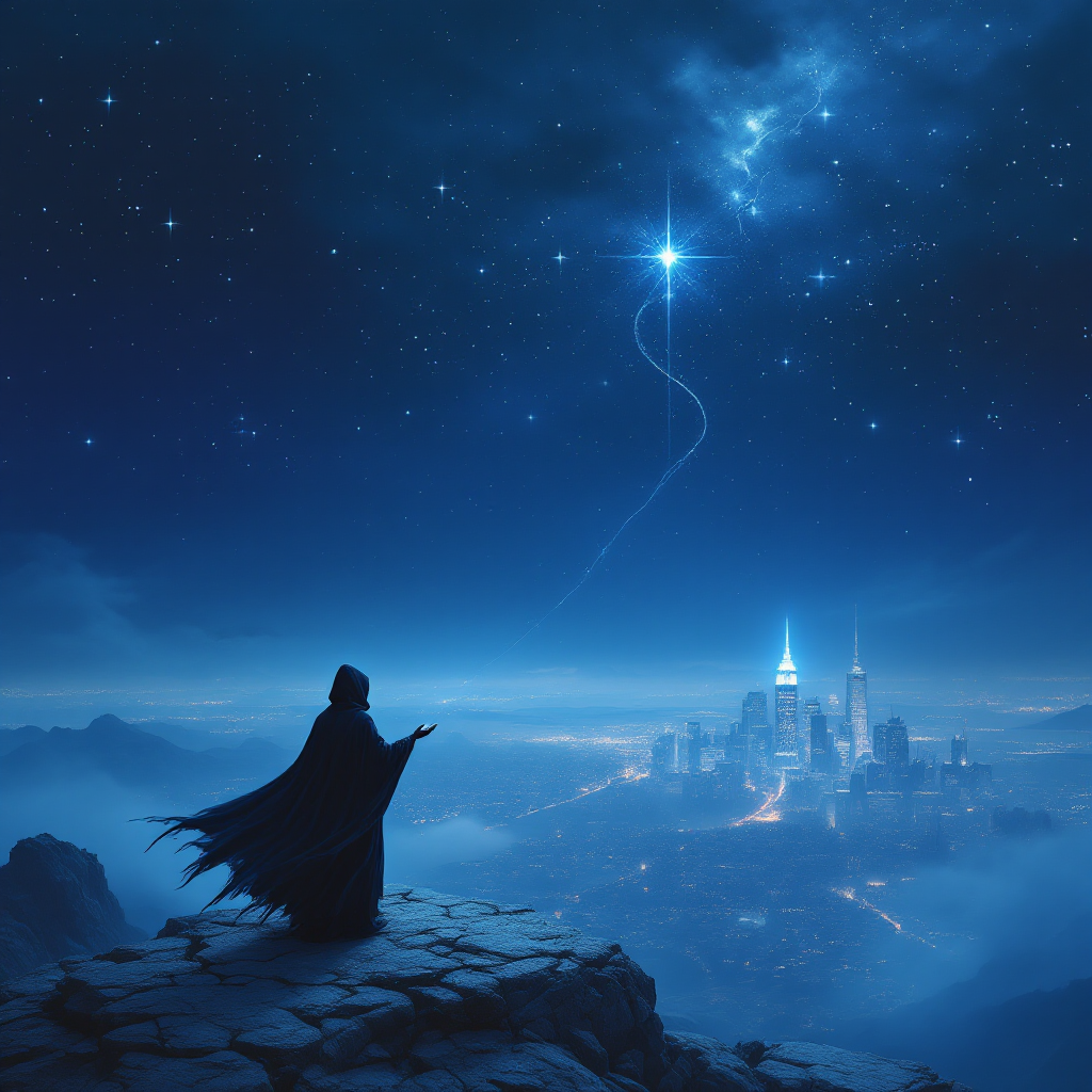 A cloaked figure stands on a rocky ledge, gazing at a star above a glowing city, embodying the essence of storytelling and humanity's shared narratives against a vast night sky.