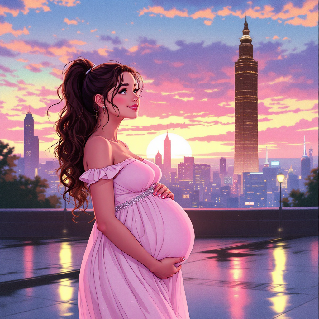 A pregnant woman in a flowing pink dress gazes thoughtfully at a vibrant sunset over a city skyline, symbolizing the new journey and dreams that await her.