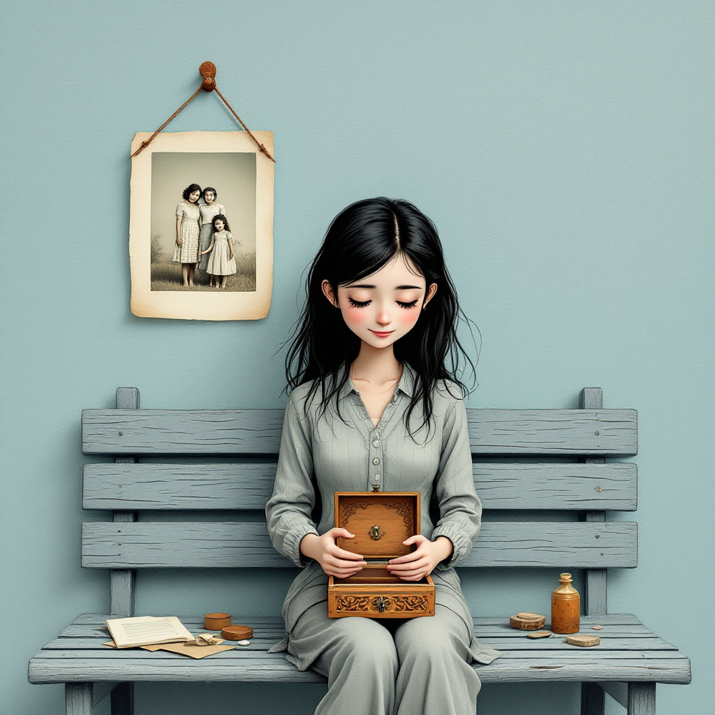 A young woman sits on a wooden bench, gently opening a small box. A faded photograph hangs on the wall, evoking a sense of nostalgia and reflection on the past.